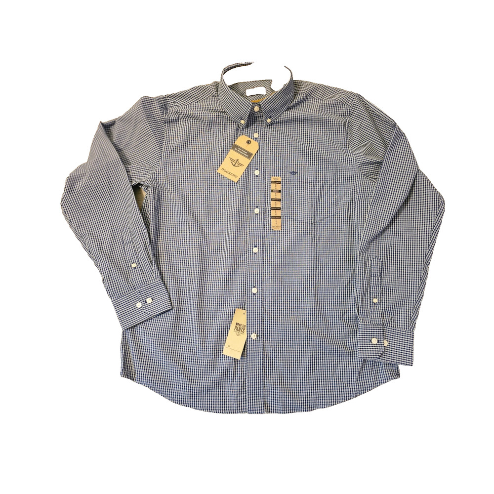 NWT Dockers Our Softest No Wrinkle Mens Blue Plaid Shirt Cotton Blend Large